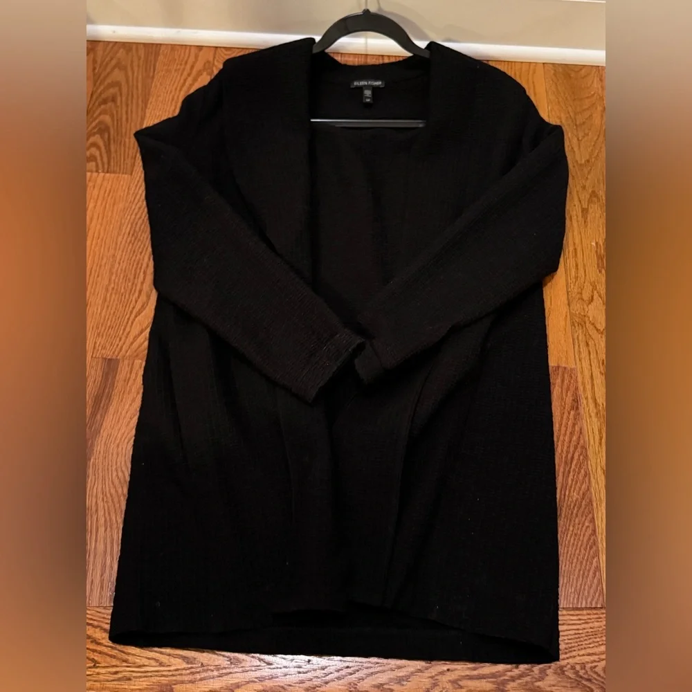 Eileen Fisher Cotton Tencel St Basket Shawl Black Open Front Cardigan Jacket - Picture 3 of 6